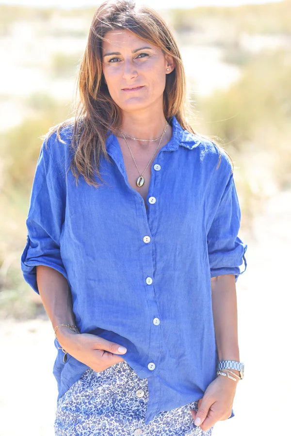 Royal blue linen shirt with mother of pearl buttons