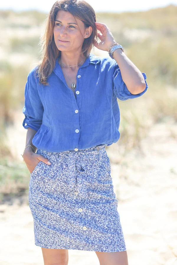 Royal blue linen shirt with mother of pearl buttons