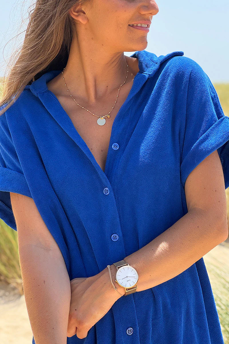 Royal blue Terry Cloth Button-Down Shirt Dress