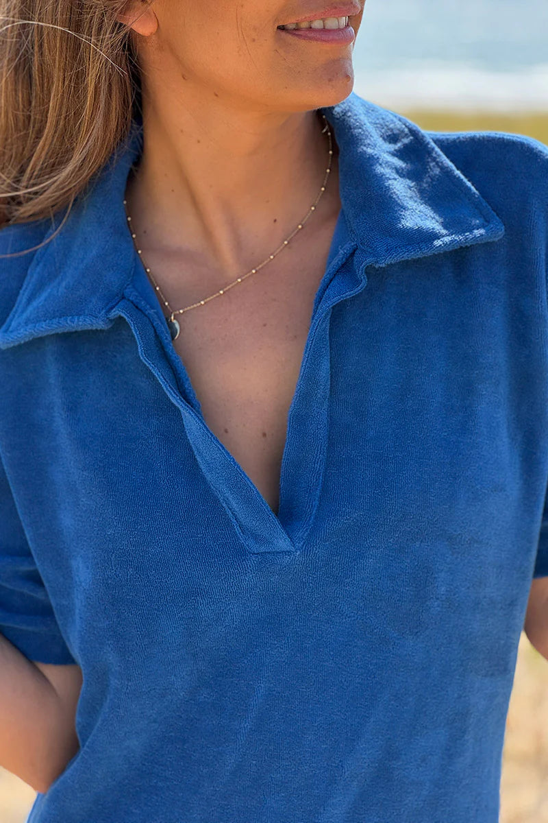 Royal Blue Terry Cloth Collared V-Neck Dress