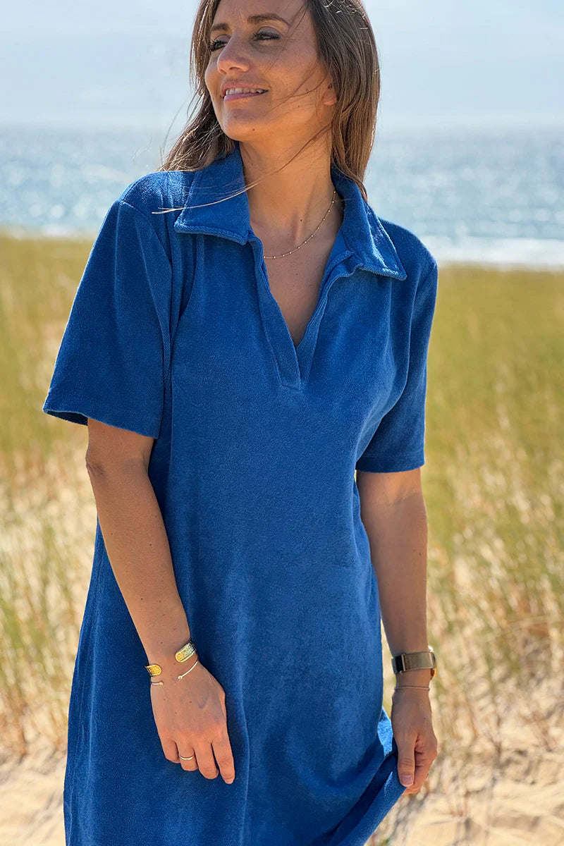 Royal Blue Terry Cloth Collared V-Neck Dress