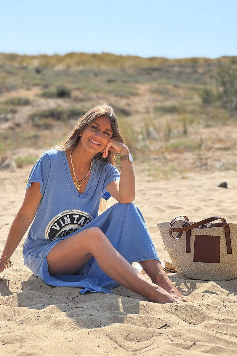 Royal Blue Vintage Rock V-Neck T-Shirt Dress