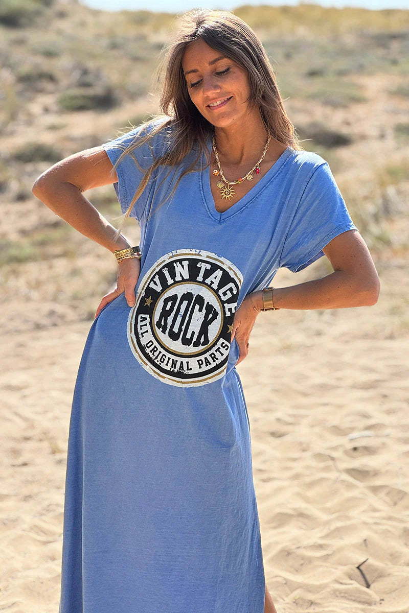 Royal Blue Vintage Rock V-Neck T-Shirt Dress