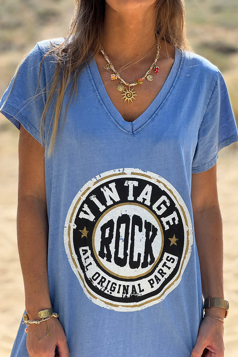 Royal Blue Vintage Rock V-Neck T-Shirt Dress