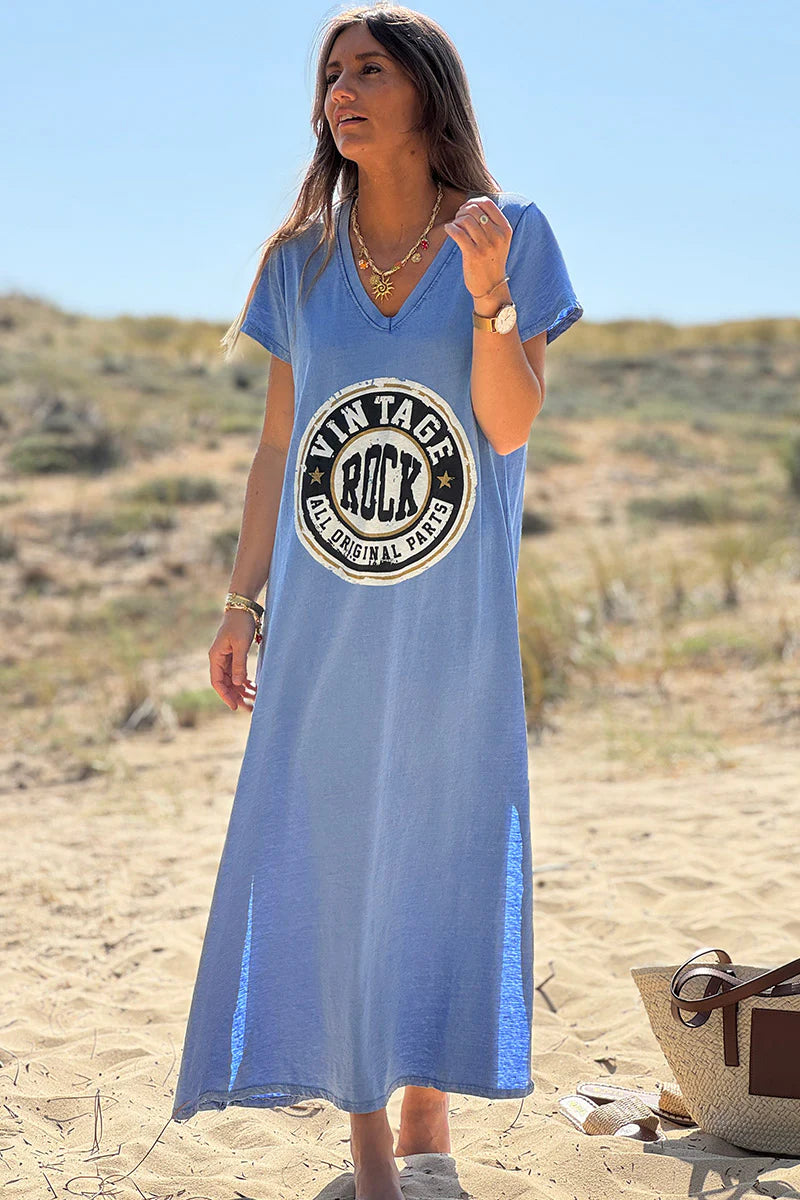 Royal Blue Vintage Rock V-Neck T-Shirt Dress