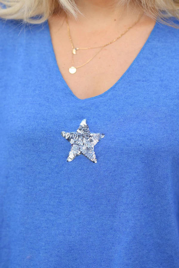 Royal blue V-neck small Star Sequin Sweater