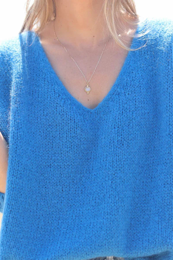 Royal blue Woollen V-Neck Sweater with Batwing Sleeves