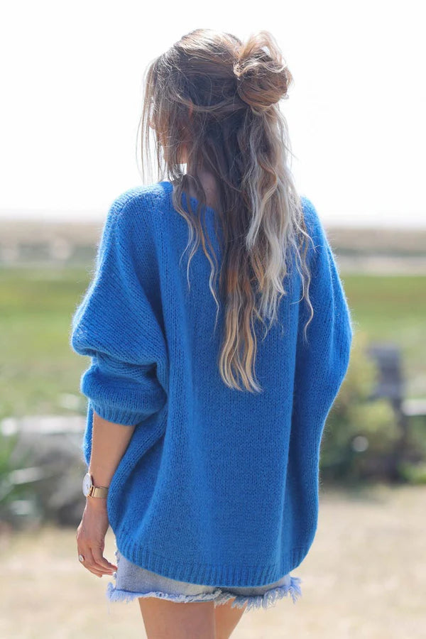 Royal blue Woollen V-Neck Sweater with Batwing Sleeves