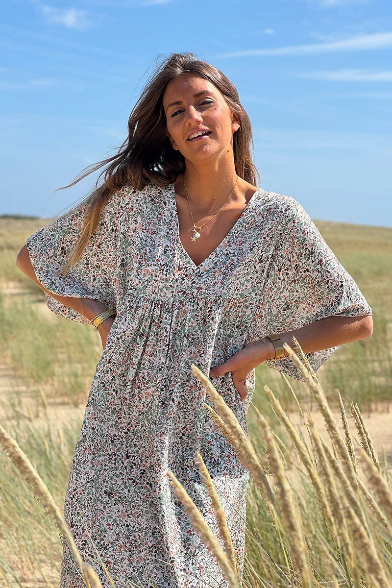 Sage Ditsy Floral V-Neck Butterfly Sleeve Maxi Dress