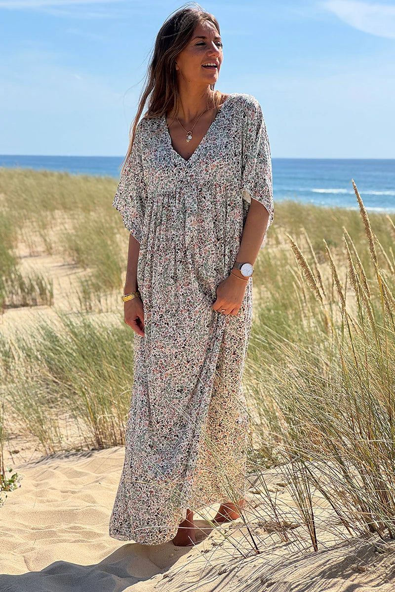 Sage Ditsy Floral V-Neck Butterfly Sleeve Maxi Dress