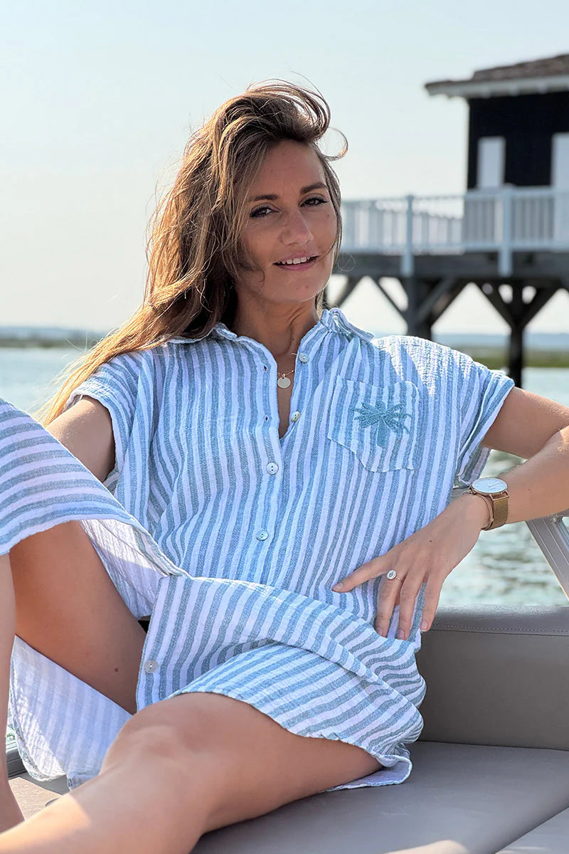 Sage Striped Palm Pocket Cabana Shirt Dress