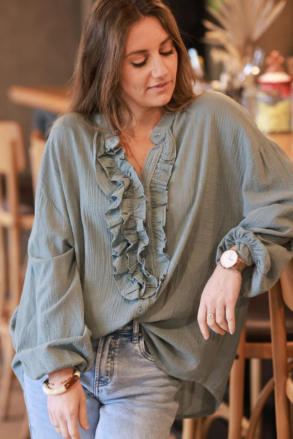 Seafoam Green Cotton Gauze Ruffled Blouse