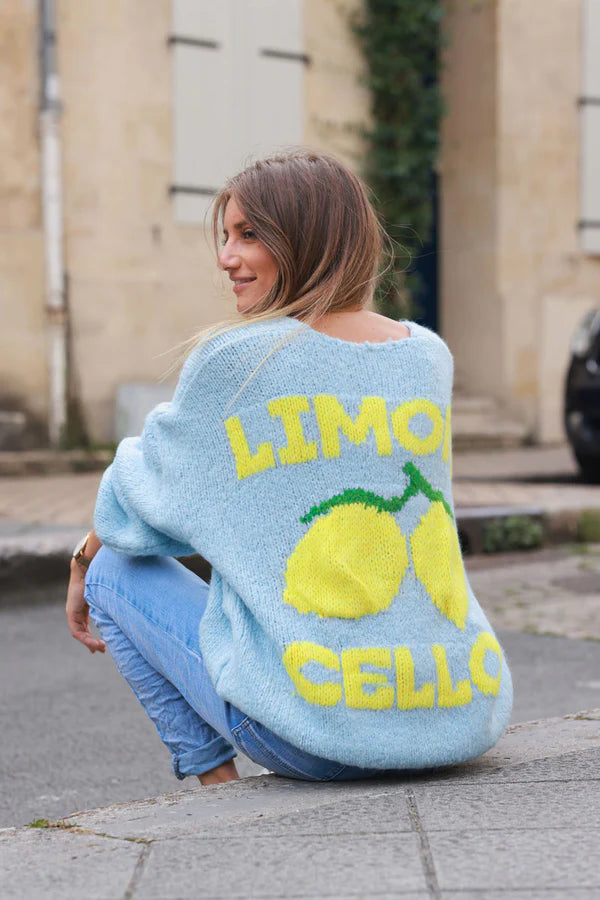 Light Blue Chunky Knit Cardigan with Lemon 'limoncello' back pattern