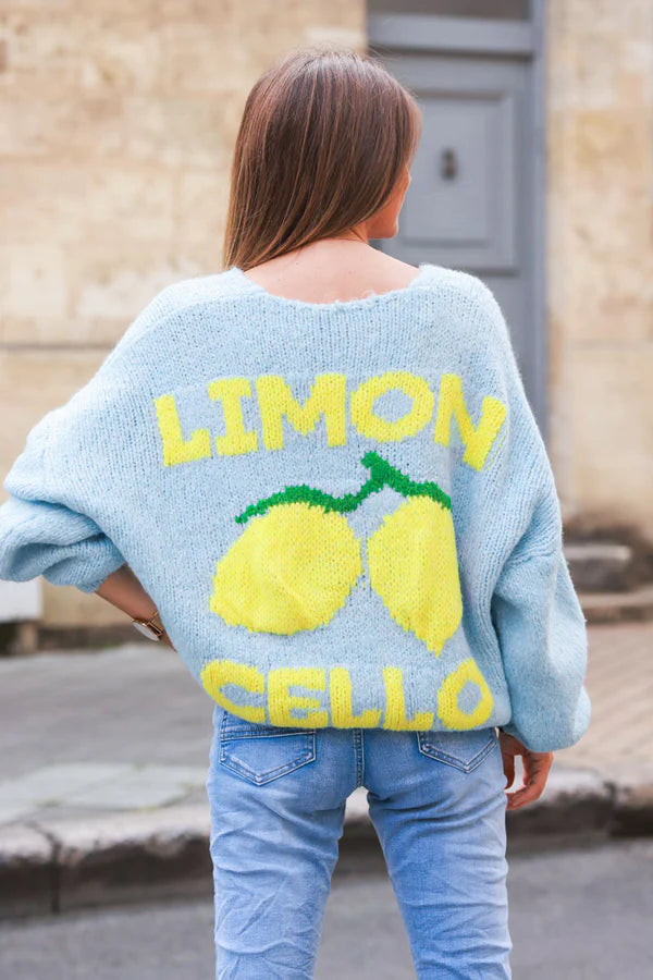 Light Blue Chunky Knit Cardigan with Lemon 'limoncello' back pattern