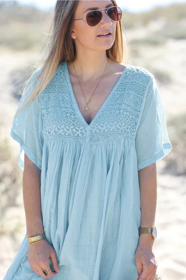 Sky blue floaty cotton dress with lace detail