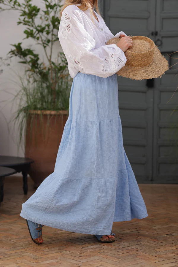 Sky blue crinkle cotton gauze tiered maxi skirt with raphia belt