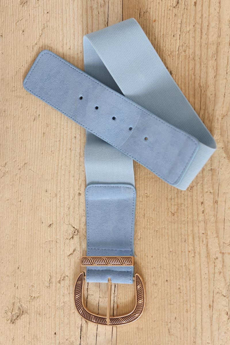 Sky blue elastic belt with gold buckle