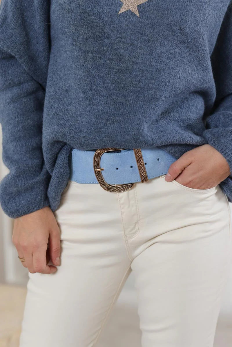 Sky blue elastic belt with gold buckle