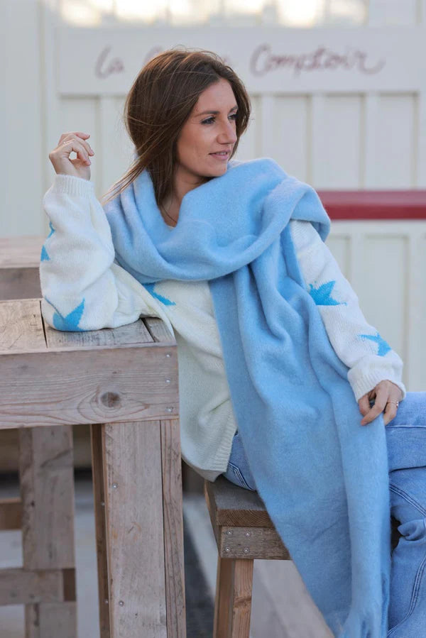 Sky blue Faux Cashmere Tassel Scarf