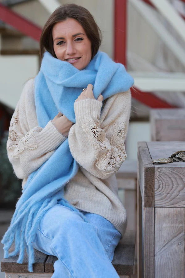 Sky blue Faux Cashmere Tassel Scarf