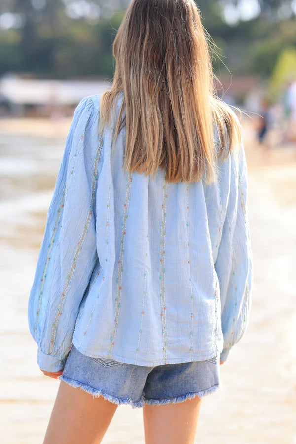 Sky blue woven cotton shirt with gold and colored threads