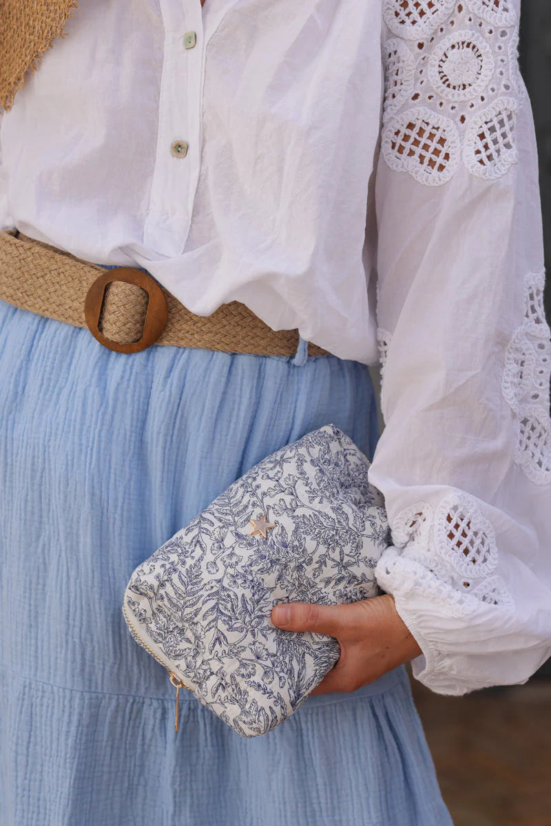 Small quilted cotton pouch bag in a blue toile de jouy pattern