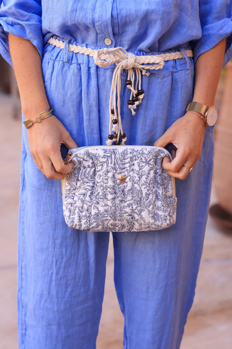 Small quilted cotton pouch bag in a blue toile de jouy pattern