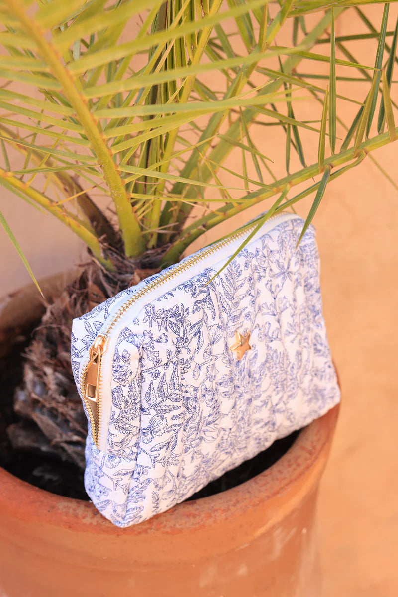 Small quilted cotton pouch bag in a blue toile de jouy pattern