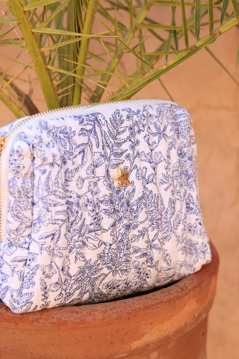 Small quilted cotton pouch bag in a blue toile de jouy pattern