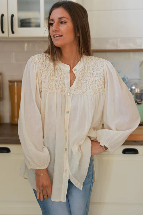 Smocked Cream floaty Blouse with Mother of Pearl buttons