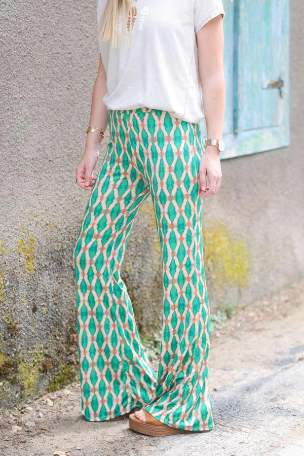 Stretch Flare Pants with Green Tie-dye Diamond Print