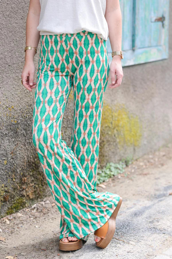 Stretch Flare Pants with Green Tie-dye Diamond Print