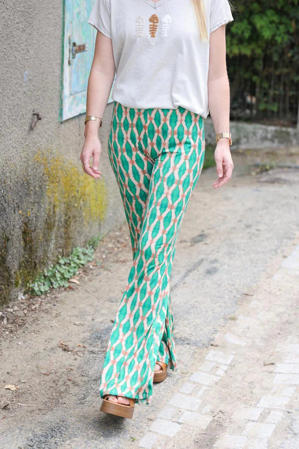 Stretch Flare Pants with Green Tie-dye Diamond Print