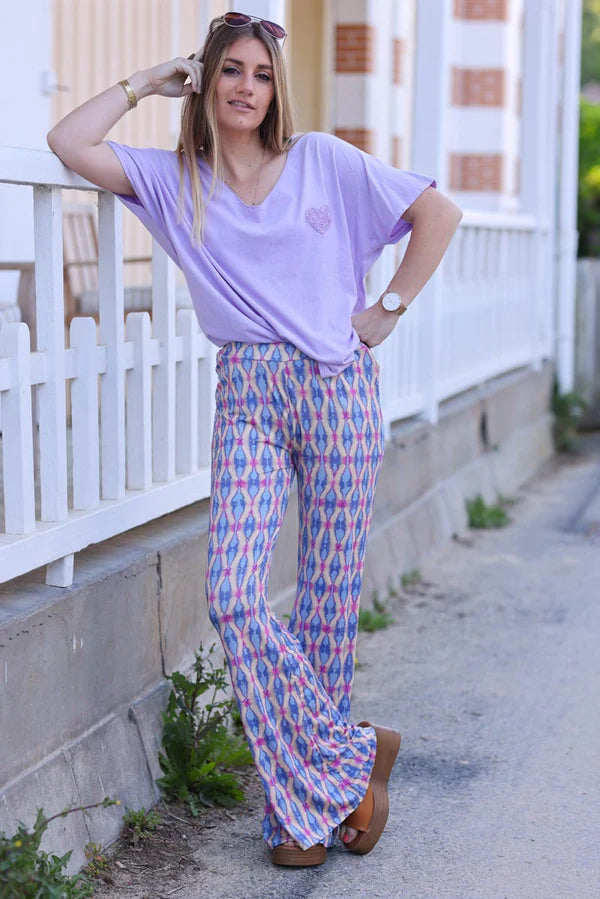 Stretch Flare Pants with Lilac Tie-dye Diamond Print