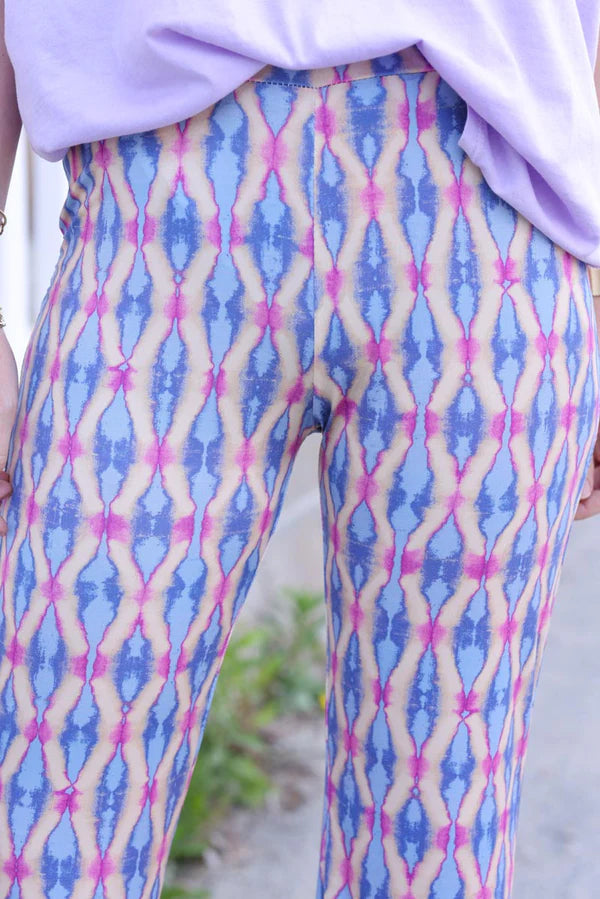 Stretch Flare Pants with Lilac Tie-dye Diamond Print