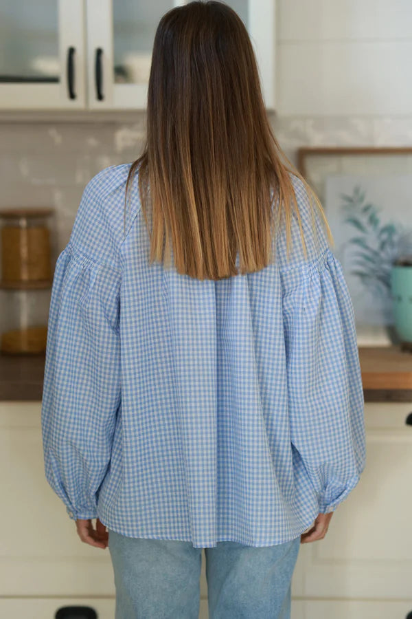 Baby blue Gingham Cotton Button-Down Blouse