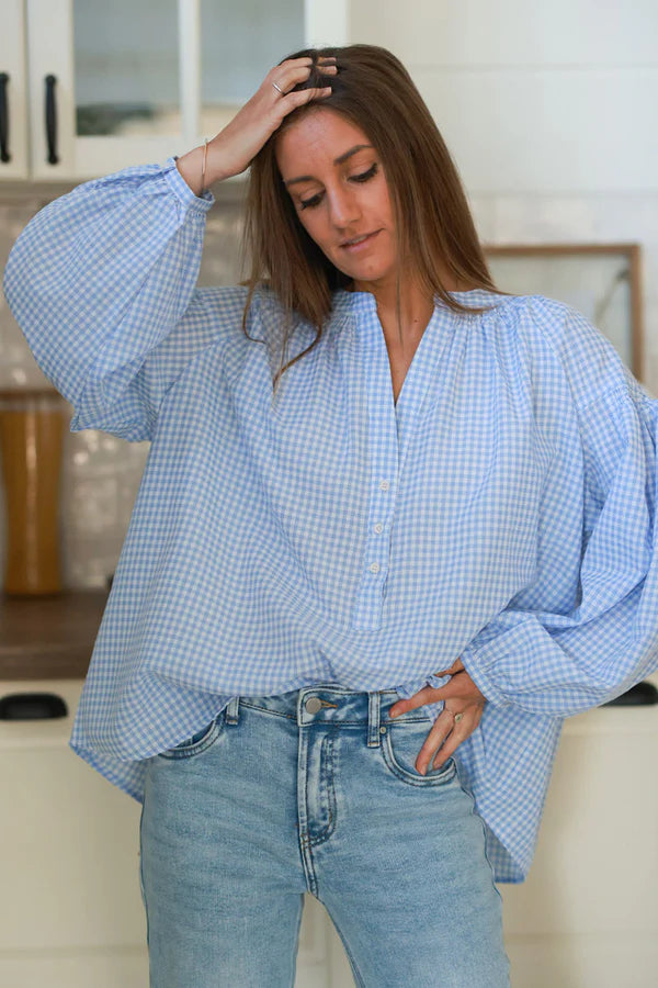 Baby blue Gingham Cotton Button-Down Blouse