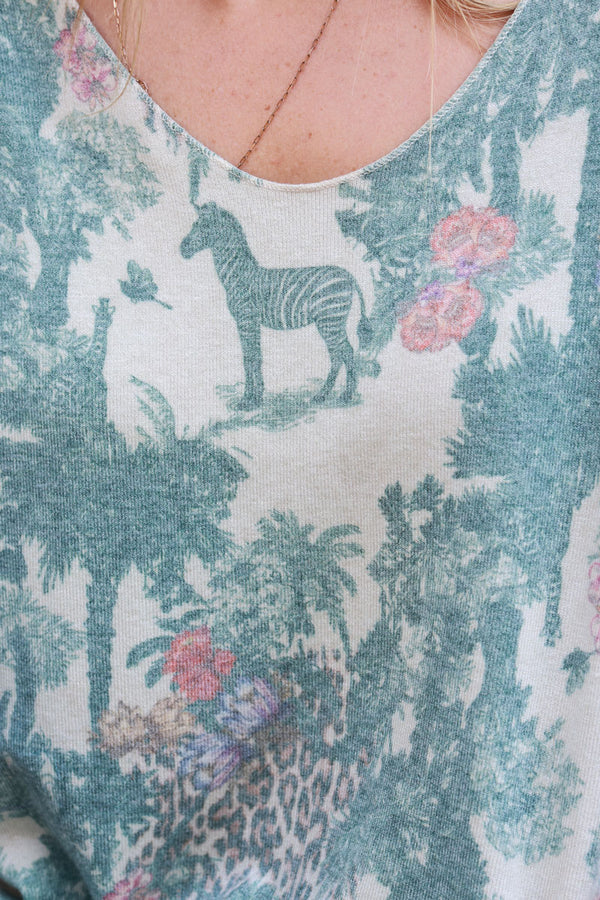 Soft Celadon green V-neck Sweater with Jungle-inspired Toile de Jouy print