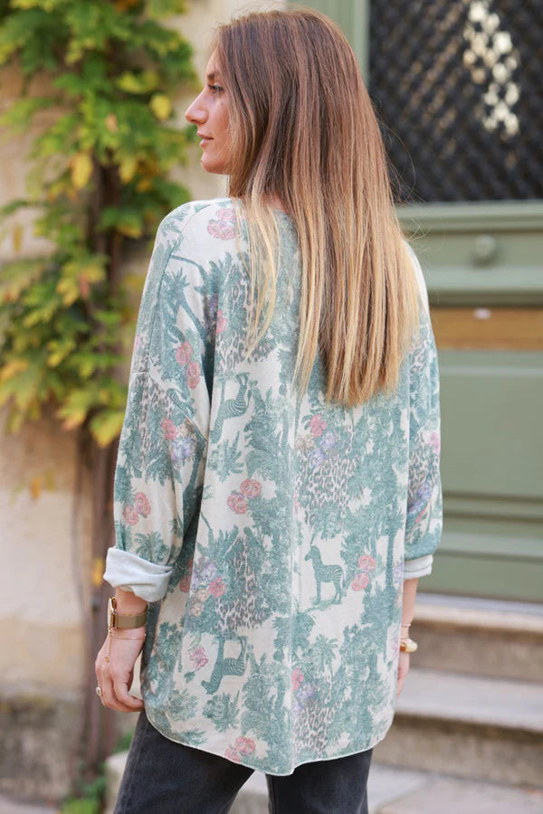 Soft Celadon green V-neck Sweater with Jungle-inspired Toile de Jouy print