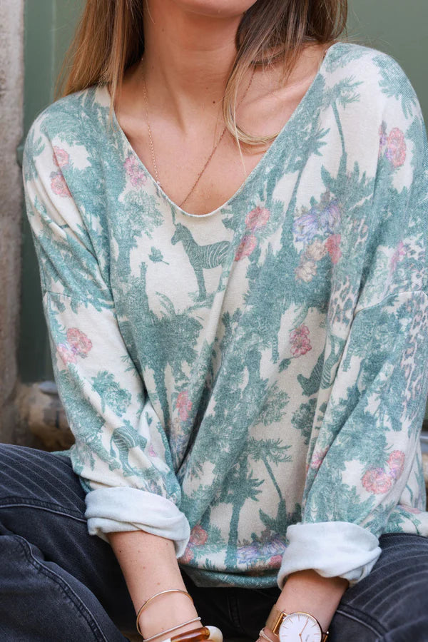 Soft Celadon green V-neck Sweater with Jungle-inspired Toile de Jouy print