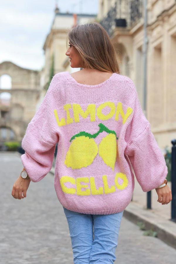 Light Pink Chunky Knit Cardigan with Lemon 'Limoncello' back pattern