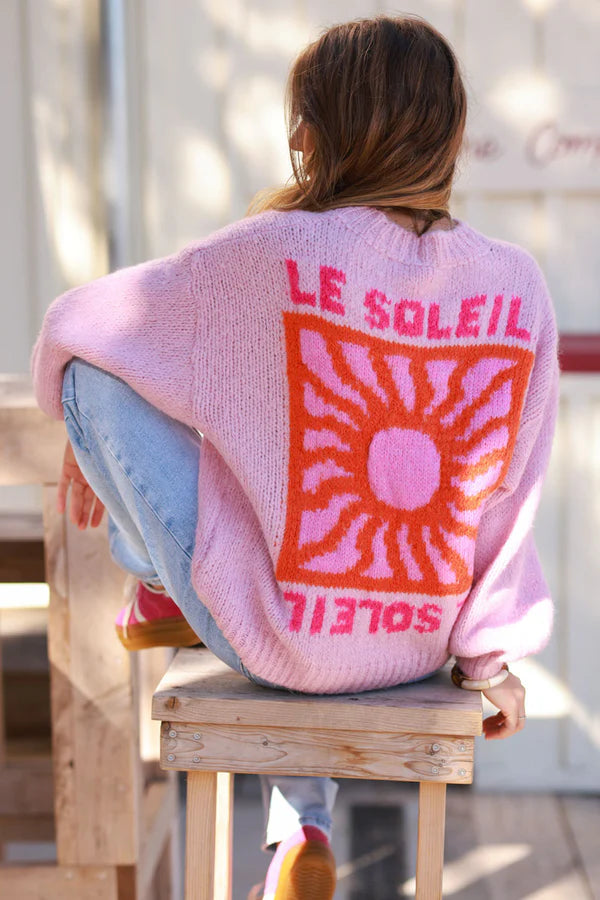 Light Pink Chunky Knit Sweater with Vibrant Sun Embroidery