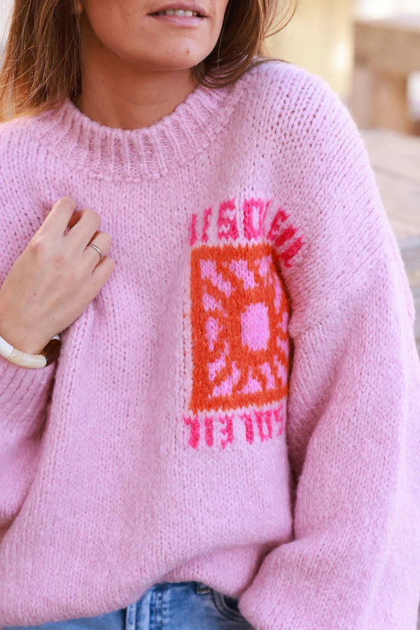 Light Pink Chunky Knit Sweater with Vibrant Sun Embroidery