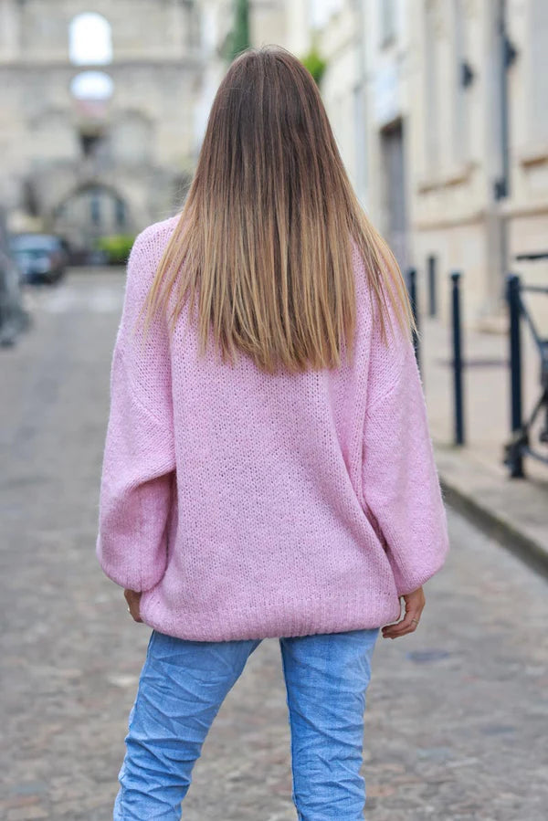 Soft Pink Chunky Knit Sweater with Lemon Pattern