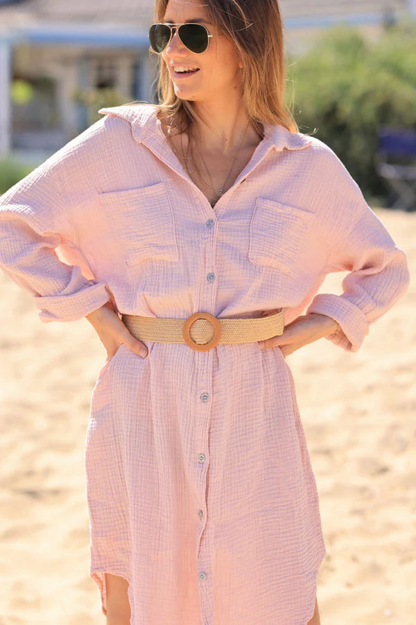 Soft pink crinkle cotton gauze shirt dress with raffia style belt