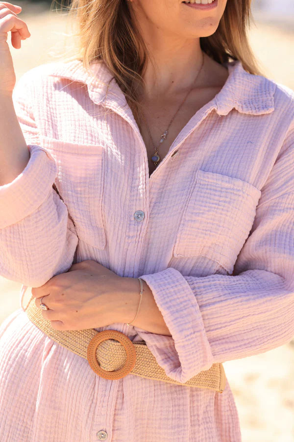 Soft pink crinkle cotton gauze shirt dress with raffia style belt