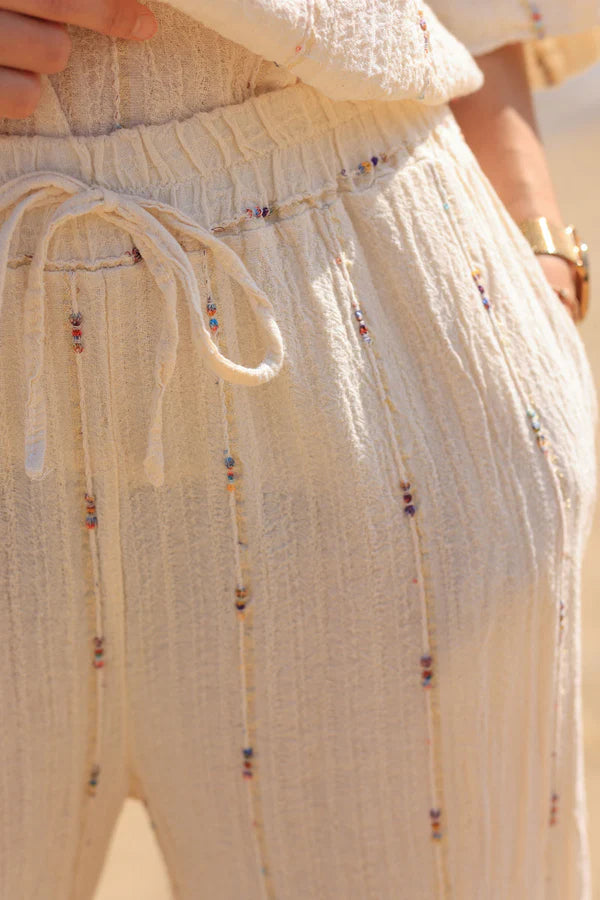 Cream Wide Leg Pants with Embroidered Gold and Colored Threads