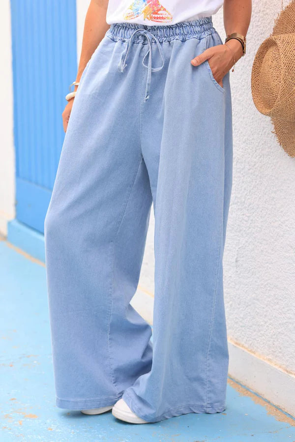 Stretch light denim wide leg pants with elasticated waist