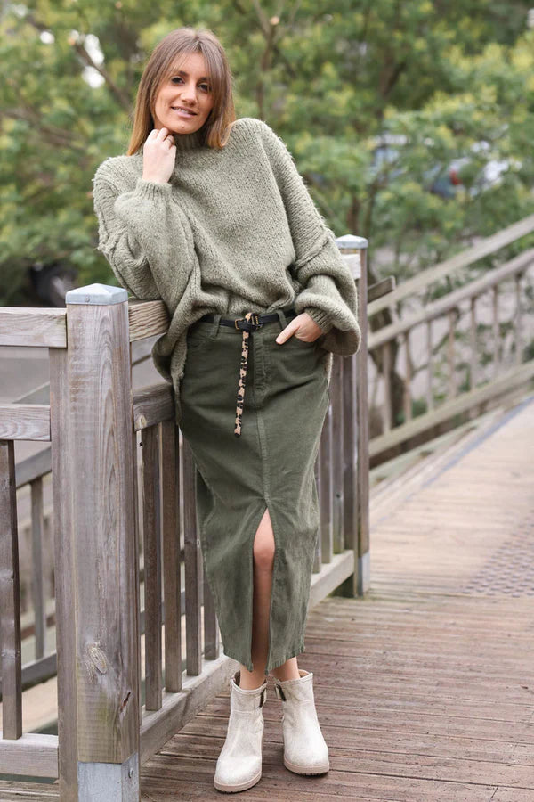 Olive Chunky Knit Sweater Oversized and Funnel Neck