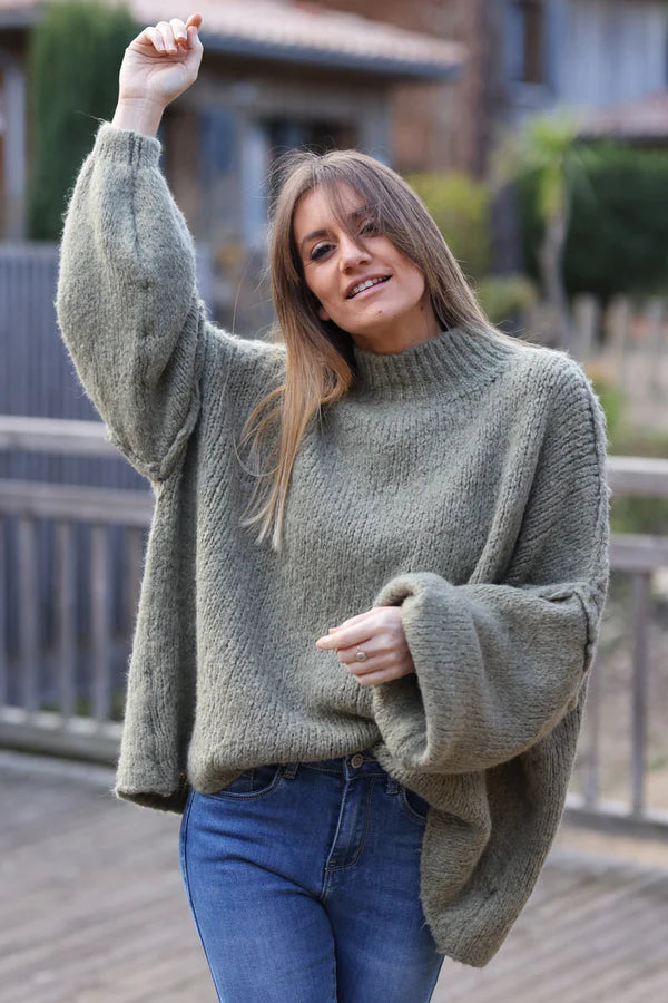 Olive Chunky Knit Sweater Oversized and Funnel Neck